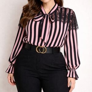SHEIN Pink and Black Striped Blouse with Lace Detail